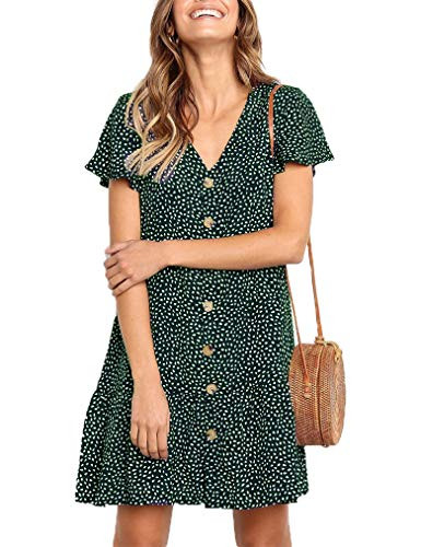 Locryz Women Front Button Dress for Women V Neck Short Sleeve Loose Beach Cover Up Dress Green-XL