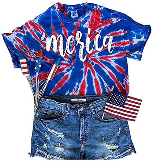 Kaei and Shi 4Th of July Shirts for Women- Merica Patriotic Tops- Independence Fourth of July Day Tshirt Tee Blue Small- American Flag Tie Dye T Shirt-