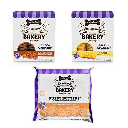 Three Dog Bakery Lick'n Crunch Sandwich Cookies Variety Pack Premium Treats for Dogs- Carob/Peanut Butter- Golden/Vanilla-  and  Pupper Butters- 37.8 Ounces- 3-Pack