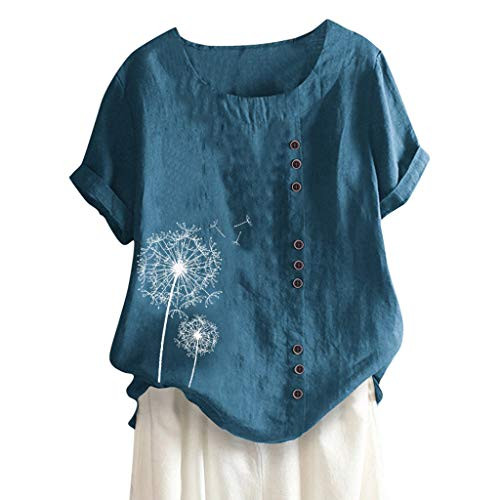 Women Casual Summer T-Shirt Linen Solid V-Neck Dandelion Print Short Sleeves Plus Size Top Blouse Blue