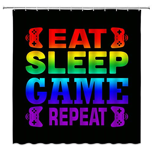 WZFashion Gamer Shower Curtain Modern Game Console Game Controller Funny Quote Eat Sleep Game Repeat Kids Video Game Boys Creative Cool Black Bathroom Curtain Set with Hook70 WX70 H
