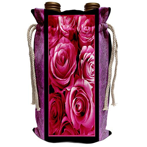3dRose Jaclinart Garden Nature Florals Flowers Roses Bouquet Damask - Rich pink rose bouquet surrounded by purple damask ribbon trim - Wine Bag -wbg_29842_1-