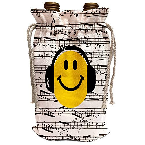 3dRose InspirationzStore Smiley Face Collection - Yellow Smiley Face listening to music with headphones - musical note sheet - happy dj - deejay - Wine Bag -wbg_112820_1-