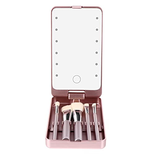 FRCOLOR Rose Golden LED Makeup Mirror with 5pcs Makeup Brushes Foldable Travel Compact Cosmetic Mirror with Light Touch Control for Women Travel Daily Use