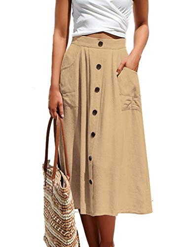 Naggoo Juniors High Waist Flare A-Line Midi Skirt Button Front Skirts with Pockets-M-Khaki-