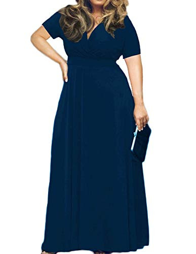 POSESHE Women's Solid V-Neck Short Sleeve Plus Size Evening Party Maxi Dress -Large- Navy Blue-
