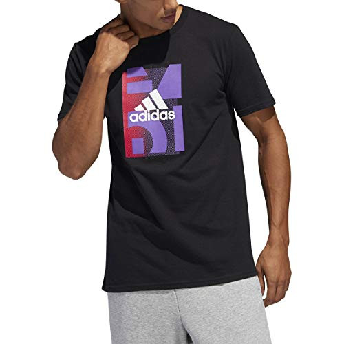 adidas Men's Badge of Sport Graphic Tee- Dark Grey Heather/Black -Black/Multi- Small-