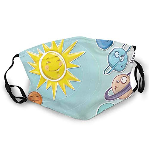 Fillter Face Cloth for adults Seniors Cute Cartoon Sun And Planets Of Solar System Fun Celestial Chart Baby Kids Nursery Picture Theme Reusable Windproof Mouth Anti Dust Double Protection