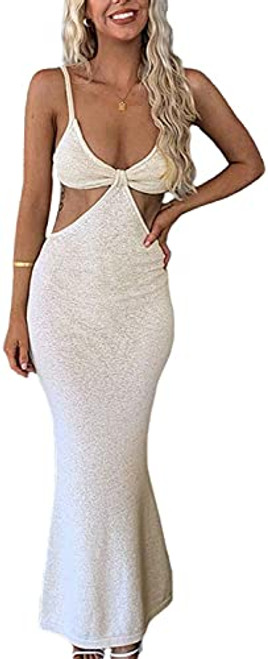 Venlen Womens Long Dresses Spaghetti Strap Knitted Cut Out Sexy Halter Neck Backless Maxi Dress Club Party Y2K Streetwear White