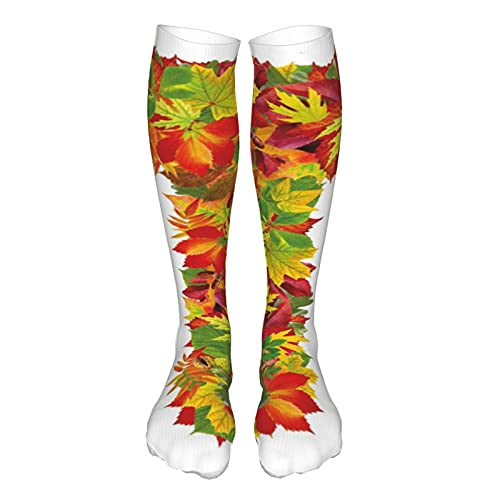 Fashion Thigh High Socks Cotton Over the Knee Socks-Uppercase T Name Alphabet Symbol With Bunch Of Shaded Fall Oak Tree Leaves Season-Thick socks for man and woman 60cm