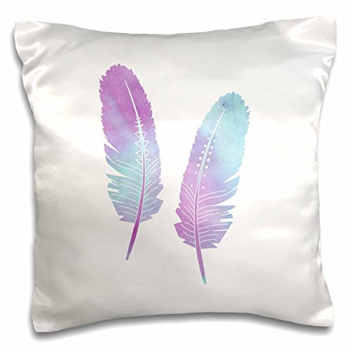 3dRose pc_212101_1 Bohemian Two Feather Art Watercolor Purple and Blue Pillow Case- 16inch x 16inch