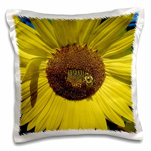3dRose Bumble Bee Sitting on a Sunflower-Yellow Flowers Pillow Case- 16 x 16