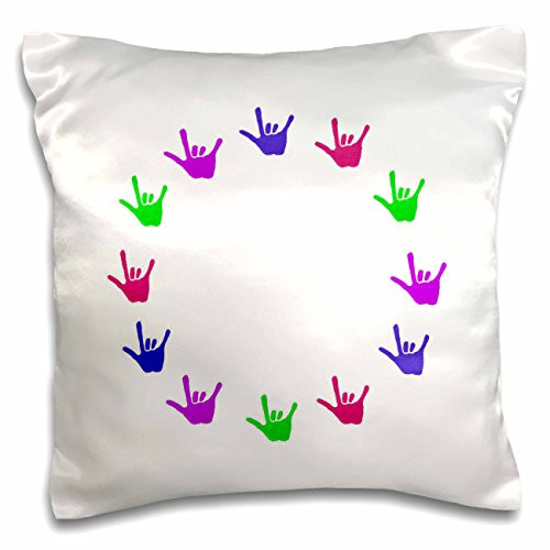 3dRose Circle of Love Sign Language in Blue Pink Green and Purple Hands Pillow Case- 16 x 16