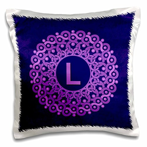 3dRose Monogram L Lilac and Rich Mandala On Deep Royal Purple Muted Grunge Damask Pillow Case- 16 x 16