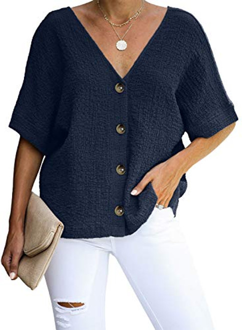 Aleumdr Women's Casual Loose Button Down V Neck Blouses and Tops Summer Short Sleeve Shirts Blue XX-Large 18 20