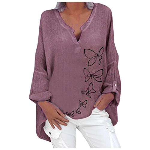 Tops for Women Summer Plus Size Long Sleeve Cotton and Linen Loose T-Shirt Solid Tunic V Neck Basic Blouse Purple