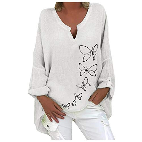 Tops for Women Summer Plus Size Long Sleeve Cotton and Linen Loose T-Shirt Solid Tunic V Neck Basic Blouse White