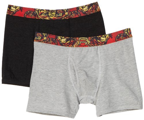 Ed Hardy Men's Open Mouth Tiger 2 Pack Boxer Brief- Black/Light Grey- Large