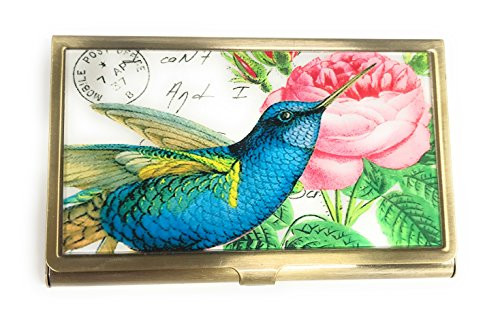 Value Arts Blue Hummingbird Business Card Case- Brass and Glass