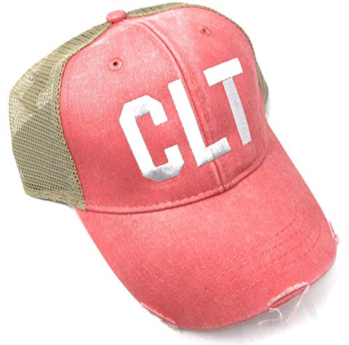 Custom Monogrammed CLT Charlotte Douglas International Airport Code Hat -Coral Distressed Pigment Dyed Trucker/White Thread- Ollie
