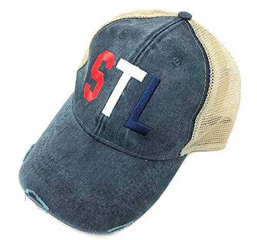 Custom Embroidered Patriotic STL Lambert St Louis International Airport Code Baseball Hat -Pigment Dyed Distressed Blue Trucker Hat-