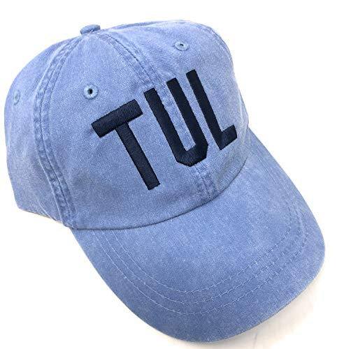 Custom Embroidered TUL Tulsa International Airport Code Baseball Hat Pigment Dyed Baby Blue with Navy Lettering