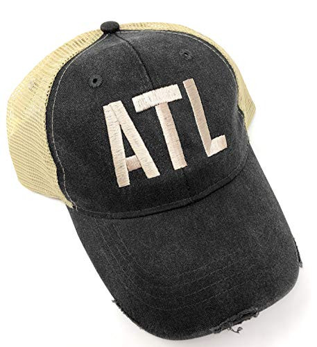 Custom Monogrammed ATL Atlanta HartsfieldJackson Airport Code Distressed Trucker Hat -Adams Black/Tan-