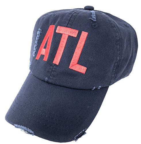 Custom Embroidered ATL Hartsfield Jackson Atlanta Airport Code Hat Distressed Navy Baseball Hat with red Letters