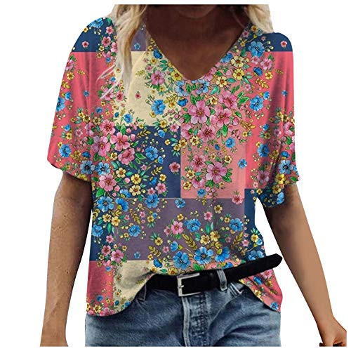 Mimacoo Floral Print Shirt for Womens Summer Plus Size Tops Short Sleeve Loose Blouse V Neck Tops Pink