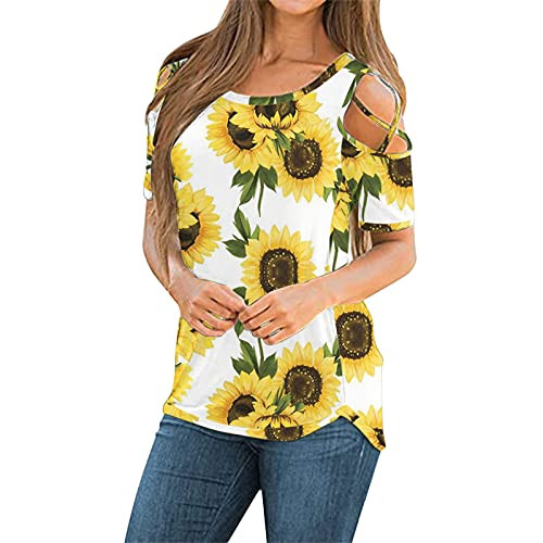 Womens Tops Summer- Strappy Shirts for Women Short Sleeve Cold Shoulder Casual Tshirt Blouse Floral Sexy Tunic Top Yellow