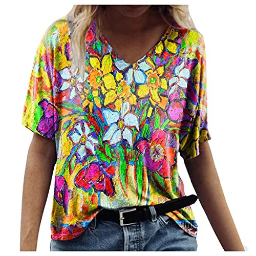 3/4 Sleeve Shirts for Women Summer Tops V Neck Loose Pullover Comfy Soft Blouses Cute Printed Tshirts Summer Blouse Yellow