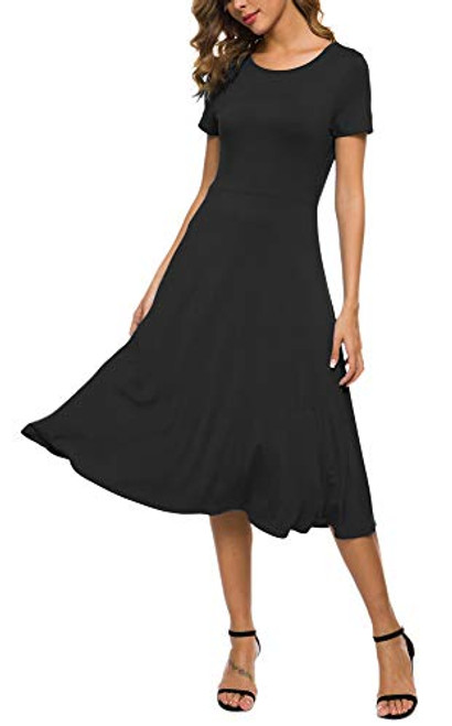 EXCHIC Women's Short Sleeve Round Neck Waisted Slim Summer Midi Dress -L- Black-