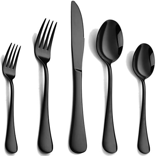 Black Silverware Set 20 Piece- Stainless Steel Flatware Set for 4- Cutlery Utensils Set Include Knives/Forks/Spoons Service for 4- Mirror Polished and Dishwasher Safe