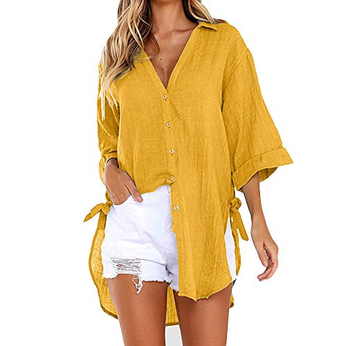 Womens Loose Blouses Early Autumn Cotton Linen Button Down Long Shirt Dress Roll Up Sleeve Casual Work Plain Tops Shirts Yellow