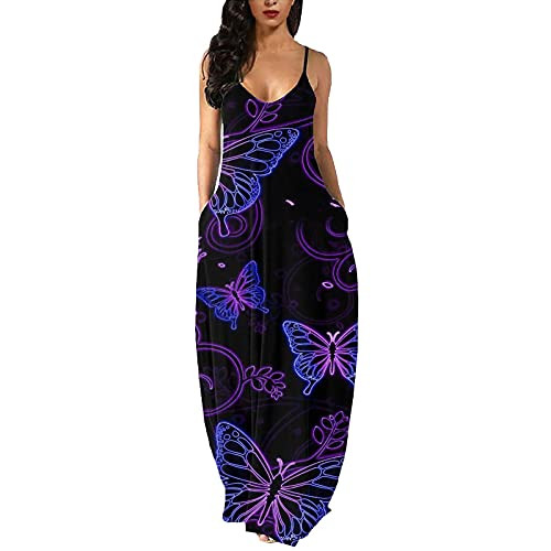 Maxi Dresses for Women Summer- Sexy Spaghetti Strap Maxi Sleeveless Plus Size Long Cami Dress with Pockets -A005- Purple Butterfly- XX-Large-