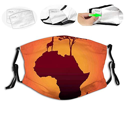 Personality Mask Windproof Breathable Mouth Cover-African-Safari Map with Continent Giraffe and Tree Silhouette Savannah Wild Design-Orange Brown Adjustable Face Masks Sport Reusable Miracle mask.S