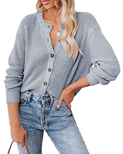 Haloumoning Womens Long Sleeve Crew Neck Button Down Cardigan Sweaters Open Front Casual Knits Loose Cozy Outwear S-2XL Grey