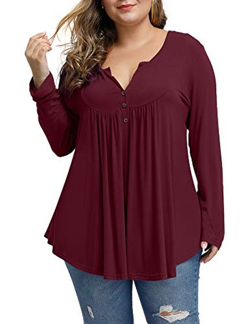 Allegrace Women's Plus Size Tunics Button Up Henley V Neck Tops Pleated Long Sleeve Tunic Shirts Wine Red 24W Allegrace Women's Plus Size Tunics Button Up Henley V Neck Tops Pleated Long Sleeve Tunic Shirts Wine Red 24W