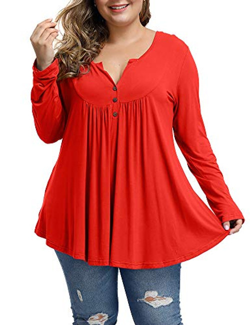 Allegrace Women's Plus Size Tunics Button Up Henley V Neck Tops Pleated Long Sleeve Tunic Shirts Orange Red 24W Allegrace Women's Plus Size Tunics Button Up Henley V Neck Tops Pleated Long Sleeve Tunic Shirts Orange Red 24W
