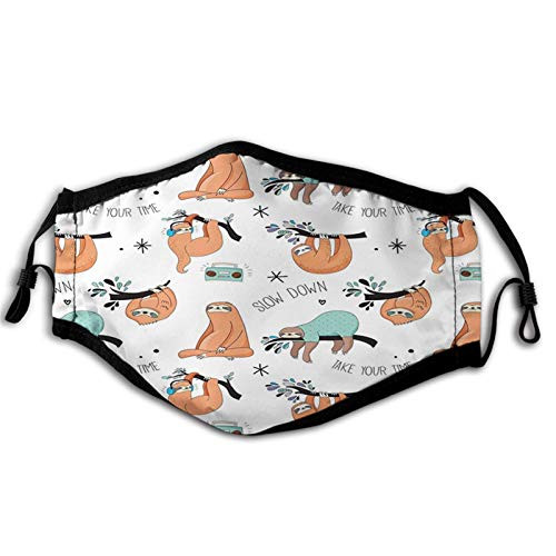 Comfortable WActivated Carbon mask-Sloth- Pattern with Hand Drawn Sloths on Branches Laziness Mood Words Fun-Blue Orange-PFacial decorations for adult