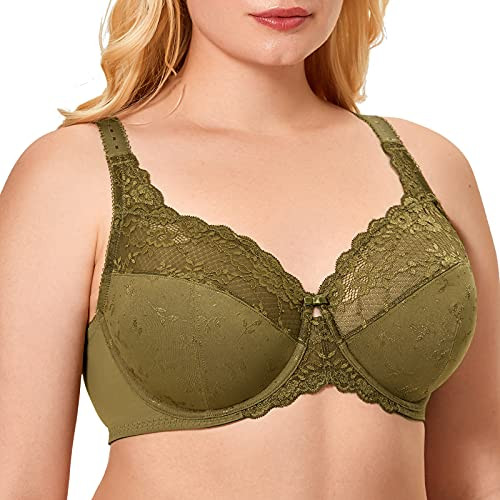 DELIMIRA Women's Minimizer Full Coverage Plus Size Lace Unlined Underwire Bra Yellow Olive 42F
