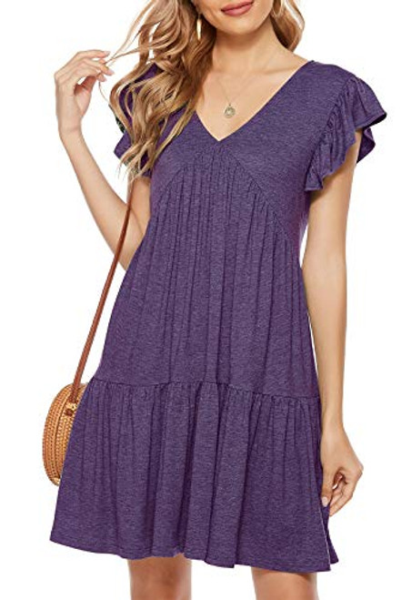 Lyrur Womens V Neck Ruffle Sleeve Mini Boho T-Shirt Dress Flowy Babydoll Casual Summer Vacation Sundresses-L-9142-Violet- Lyrur Womens V Neck Ruffle Sleeve Mini Boho T-Shirt Dress Flowy Babydoll Casual Summer Vacation Sundresses-L-9142-Violet-