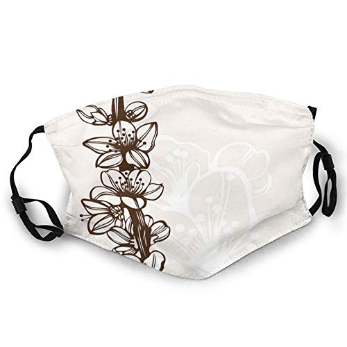 Cloth Face Mask Bandana with 2pcs Filters-Flower Design Hand Drawn Branch And Petals With Beige Toned Background-Balaclava Adjustable Earloop Washable Reusable for Men Women