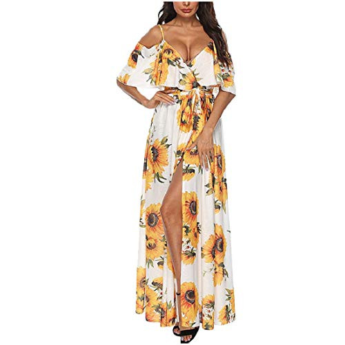 aihihe Women's Dress Summer Spaghetti Strap Sundress Casual Sunflower Floral Maxi Backless Swing Dresses with Belt -White-XL-