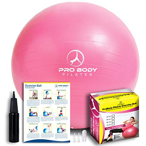 ProBody Pilates Exercise Ball - Professional Grade Anti-Burst Fitness- Balance Ball for Yoga- Birthing- Stability Gym Workout Training and Physical Therapy - Work Out Guide Included -Pink- 65cm-