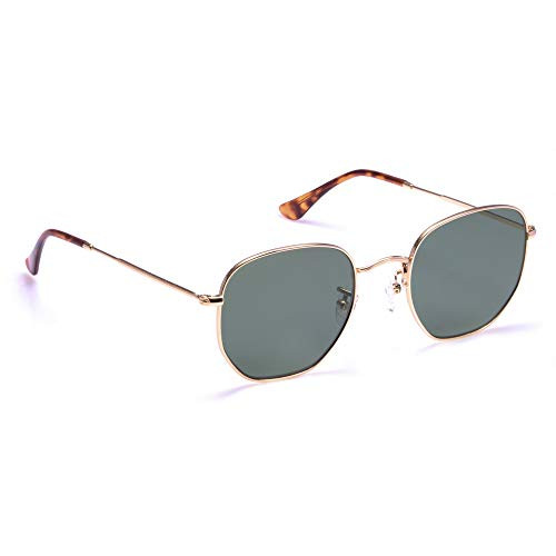 Hexagonal Sunglasses Men Women Vintage Glass Lenses Small Square Gold Metal Frame Green Crystal Flat Lens Sun Glasses Shades-51MM