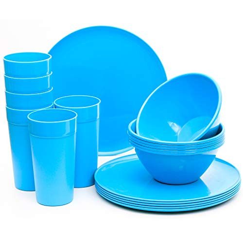Youngever 18-Piece Plastic Kitchen Dinnerware Set- Plates- Dishes- Bowls- Cups- Service for 6 -Blue-