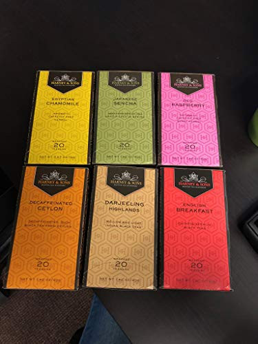 Harney & Sons Tea Bags Variety Pack, 6 Flavors, 20 Tea Bags Each, (Red Raspberry, English Breakfast, Egyptian Chamomile, Decaffeinated Ceylon, Darjeeling Highlands, Japanese Sencha)