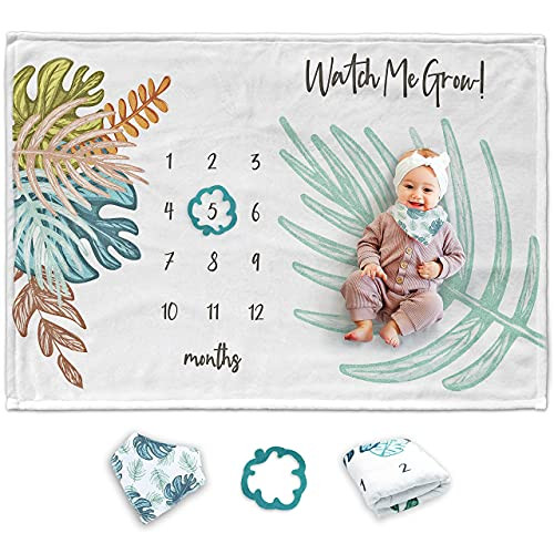 Monthly Baby Milestone Blanket - Baby Monthly Milestone Blanket Boy Milestone Blanket for Baby Girl - Baby Growth Chart Blanket with Baby Bib and Month Marker-60x40 Baby Month Blanket by BOHEMEE