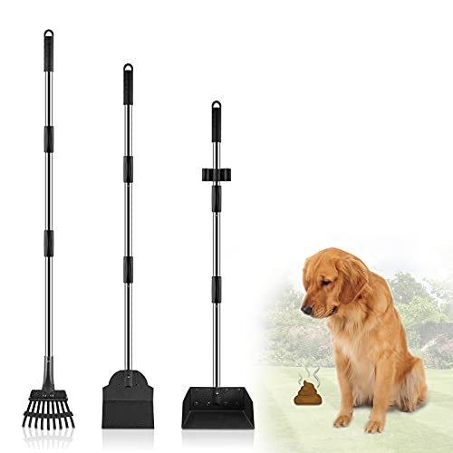 Pooper Scooper- Poop Scooper for Large and Small Dogs-Dog Pooper Scooper- with Long Handle- Metal Pet Poop Tray and Rake Set for Dirt- Gravel- Lawns- Grass